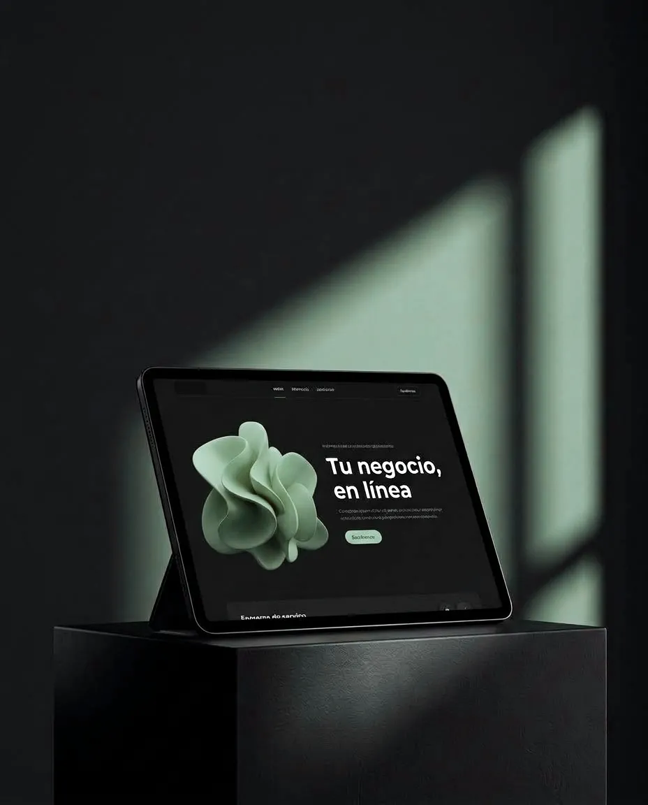 Una tableta sobre un pedestal negro, iluminada por un haz de luz verde suave, muestra una página web con el titular Tu negocio, en línea