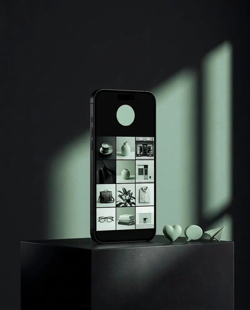 Redes sociales para negocios: un celular sobre un pedestal muestra un perfil con fotos de productos